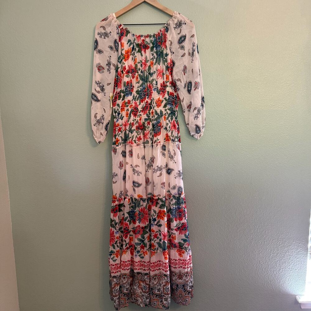 nwt new fig and flower floral long sleeve smocked tiered maxi dress size medium - Picture 2 of 5